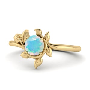 Ethiopian Opal Round Shape Gold Engagement Ring, Leaf Opal Birthday Gift Ring, Minimalist Ring, Solitaire Ring, 14K Solid Unique Opal Ring