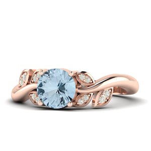 Blue Aquamarine Gold Ring, Flower Aquamarine Gold Engagement Ring, Birthday Gold Ring, March Birthday Gift Ring, Nature Gold Aquamarine ring
