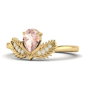 Eagle Wings Pear Shape Morganite Gold Engagement Ring, Solitaire ring, Minimalist Love Promise Ring, Faceted Cut Morganite Gold Wedding Ring