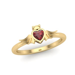 Heart Shaped Red Gemstone Anniversary Ring For Women, Antique Art Deco Bridal Wedding Promise Ring Gift For Her, Unique Garnet Wings Ring