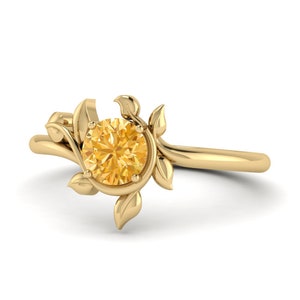 Citrine Birthstone Gold Ring, Unique Gemstone Ring, Wedding Leaf Ring, Nature Inspried Gold Ring, Bridal Ring, November Birthstone Ring
