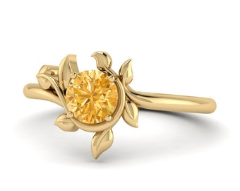 Citrine Birthstone Gold Ring, Unique Gemstone Ring, Wedding Leaf Ring, Nature Inspried Gold Ring, Bridal Ring, November Birthstone Ring