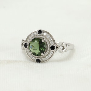 14K White Gold Moldavite Wedding Ring, Anniversary Ring, Filigree Moldavite Ring, Birthday Gold ring, Christmas Dya&#39;s Moldavite Ring