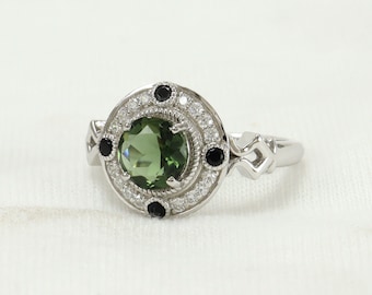14K White Gold Moldavite Wedding Ring, Anniversary Ring, Filigree Moldavite Ring, Birthday Gold ring, Christmas Dya&#39;s Moldavite Ring