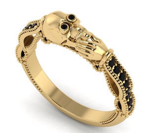 Anillo de mujer con calavera de ónix negro, banda de compromiso con calavera de oro de 14 quilates, regalo para ella, anillo de banda de calavera de aniversario, anillo de solitario, anillo de calavera Aer Deco