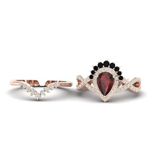Natural Garnet Ring, Pear Shaped Garnet Engagement Ring, Bridal Ring, Vintage Chevron Band Antique Curved V Shaped Ring, Unique Garnet Ring