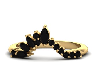 Black Onyx Curved Engagement Band Ring, Crown Onyx Wedding Solitaire Onyx Ring, Stackable Onyx promise ring, Curved Matching Band FOR Her