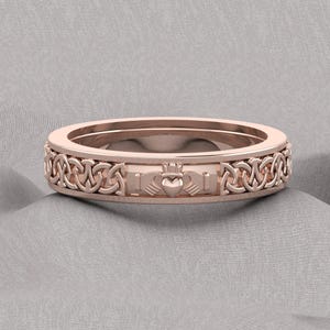 Eternity Celtic Claddagh Engagement Rose Gold Ring, Heart Claddagh Celtic Wedding Ring, Unique Claddagh Anniversary Ring, Eternity Band