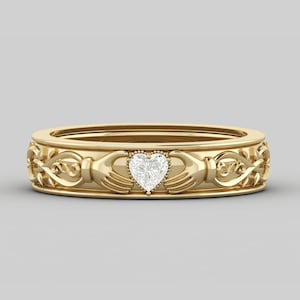 0.20ct Moissanite Heart Shape Claddagh Engagement Ring, Moissanite Diamond Leaf Wedding Ring, Gift for Women Unique Claddagh Wedding Ring