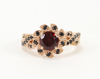 14K Rose Gold Red Garnet Wedding Ring, Bridesmaid Garnet Gold Ring, Women Gift Gold Ring, Engagement Ring, Flower Garnet Ring, Gift for Her