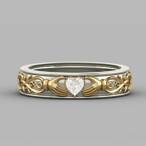 0.20 Carat Heart Moissanite Two Tone Yellow Gold Engagement Ring, Rose Gold & White Gold Claddagh Wedding  Stacking Diamond Claddagh Ring