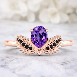 African Amethyst Pear Shape Eagle wings Ring, Natural Amethyst Ring, Gifted for her, Engagement Ring,  Eagle Inspired Gold Ring, Onyx Ring