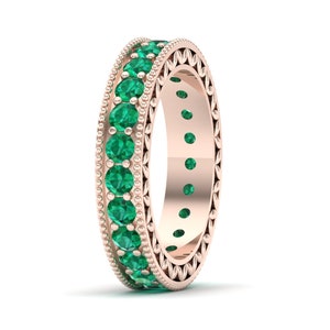 Emerald Full Eternity Band Ring, Birthday Jewelry, Unique Engagement Ring, Baguette Eternity Ring, Wedding Eternity Ring, Personalized band