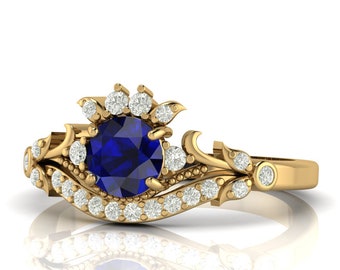 Anello di fidanzamento in oro zaffiro blu da 7 mm, zaffiro blu con anello nuziale in oro moissanite, anello di compleanno, ringraziamento, pietra di nascita di settembre