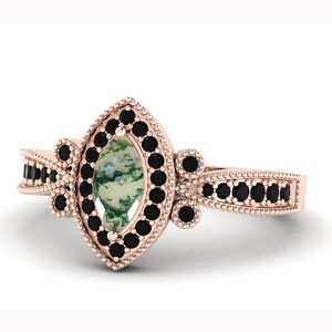 Natural Moss Agate Art deco Bridal Promise Anniversary ring, Marquise Moss Agate Wedding Ring, Solitaire Ring, Halo ring, Promise gold ring