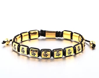 Gold Stainless Steel Lion Head Charm Bracelet: Laser Engraved Animal Jewelry