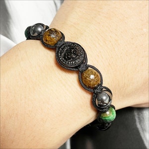 Mens Lion Head Gemstone Bracelet: Custom Logo, Macrame Jewelry