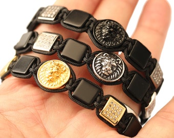 Mens Gold Lion Macrame Bracelet: CZ Pave Beads, Custom Logo