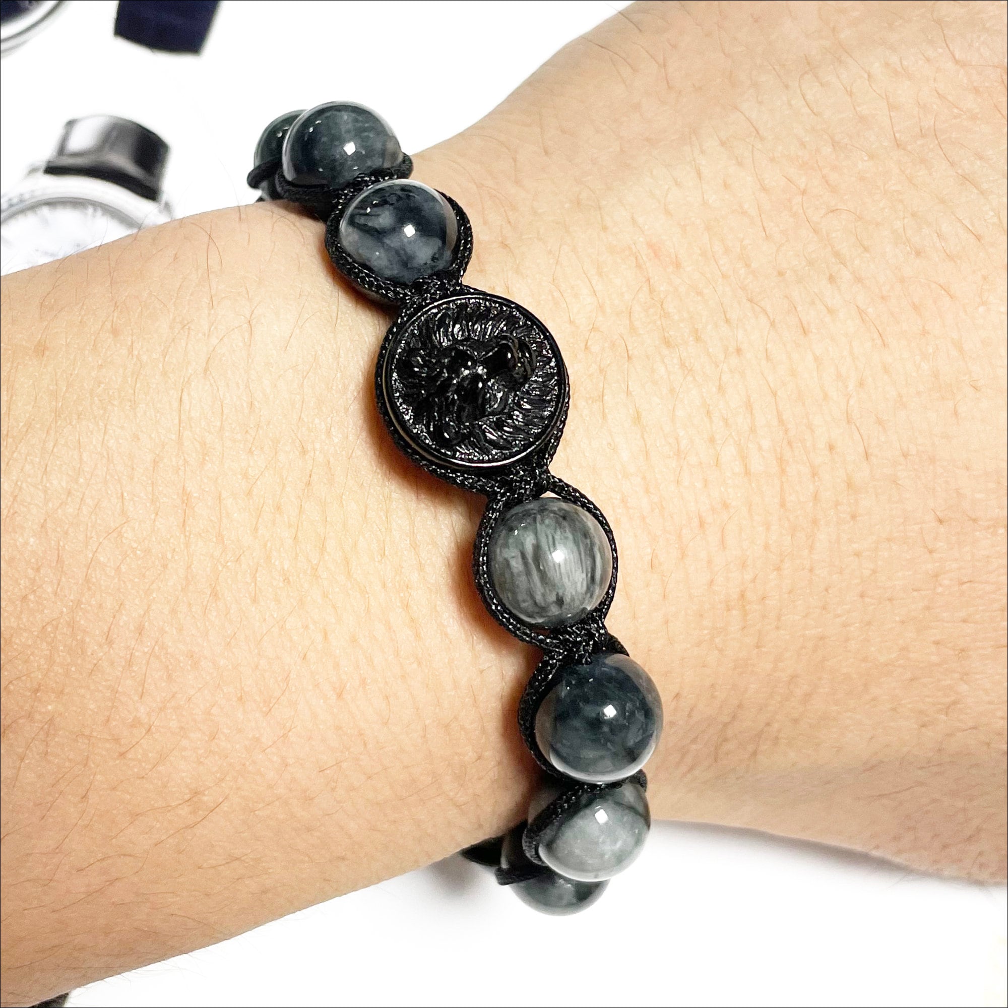 Mens Black Lion Head Charm Bracelet: Grey Hawk Eye Macrame Jewelry
