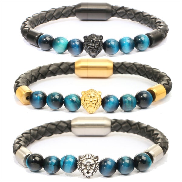 Free Shipping  1 pc Mens Lion Head Charm Beads Bracelets, 8mm Turquoise Tiger Eye Beads,Stainless Steel Leather Bracelets,LL10