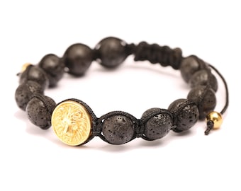 Mens Lion Lava Rock Beaded Bracelet: Custom Charm Jewelry