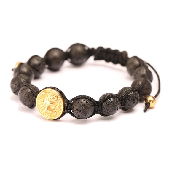 Bracciale Uomo Con Perla Testa Di Leone Nera - Braccialetto Diffusore In Pietra, Moda Unisex - 3