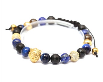 Mens Gold Lion Head Bracelet: Matte Onyx & CZ Beads
