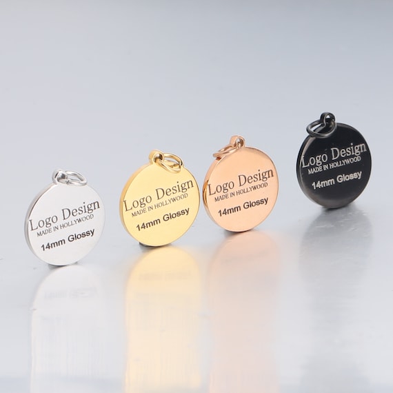 Custom Laser Engraved Logo Charm Beads: 14mm Stainless Steel Circular Disks Tag, 10 pcs