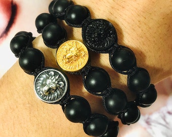 Macrame Lion Beaded Bracelet: Adjustable Gemstone Jewelry