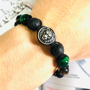 Mens Lion Beaded Bracelet: Gold PVD Plated Jewelry, Macrame Adjustable