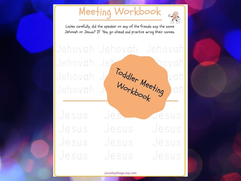 Op de afbeelding: Een printbaar werkblad voor peuters, met de namen "Jehovah" en "Jezus" geschreven in stippellijnen om te oefenen met traceren. Het werkblad heeft de titel "Peutervergadering Werkboek".