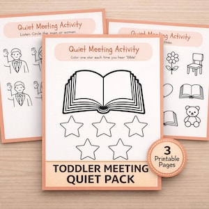 Op de afbeelding: Drie afdrukbare activiteitpagina's voor peuters. De pagina's bevatten zwart-wit illustraties van een boek, sterren en andere objecten. Tekst bevat "Quiet Meeting Activity" en "Toddler Meeting Quiet Pack".