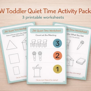 Op de afbeelding: Drie afdrukbare werkbladen voor peuters. De werkbladen hebben een lichtblauwe rand en bevatten activiteiten zoals het matchen van vormen, tellen en kleuren. De titel "JW Toddler Quiet Time Activity Pack" wordt in oranje weergegeven.