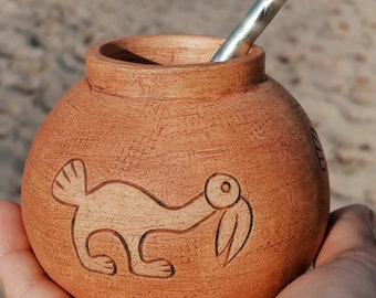 Yerba mate ceramic cup with peruvian Chimu motif, Yerba gourd with birds