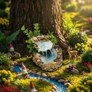 Może przedstawiać: Miniaturowa scena z bajkowego ogrodu z wodospadem, strumieniem i figurkami gnomów i jelenia. Scena osadzona jest w bujnym, zielonym otoczeniu z żółtymi i czerwonymi kwiatami. Tekst "Sand & Sea Creations" znajduje się na górze.