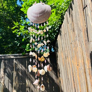 May include: A seashell wind chime with a large, light purple shell at the top. Smaller shells and pink beads hang below, creating a decorative mobile. The wind chime is suspended against a backdrop of green foliage and a wooden fence.