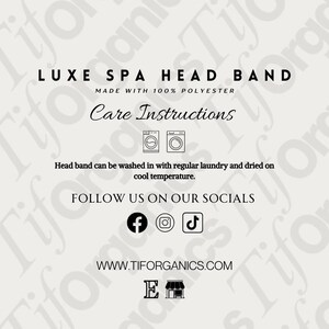 K&ouml;nnte beinhalten: Text auf hellem Hintergrund: "LUXE SPA HEAD BAND" und "MADE WITH 100% POLYESTER". Darunter steht "Care Instructions", gefolgt von Waschmaschinen-Symbolen. Der Text besagt, dass das Haarband gewaschen und bei k&uuml;hler Temperatur getrocknet werden kann.