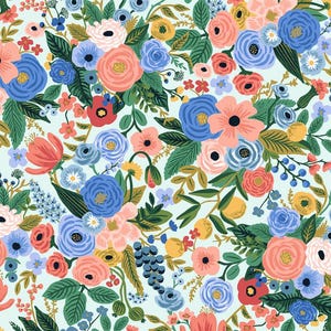 May include: A floral pattern featuring a variety of flowers in shades of pink, blue, yellow, and red, set against a light blue background. The design includes roses, berries, and leaves, creating a vibrant and detailed botanical print.