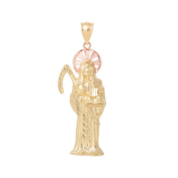 14 K Solid Yellow Gold Grim Reaper Pendant Holy Santa - 10k Gold Santa Muerte Pendant