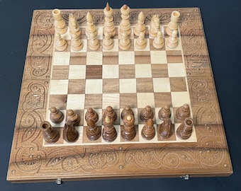Hand Carved Wooden Chess Backgammon Set: Walnut & Sycamore (19.7 inch)