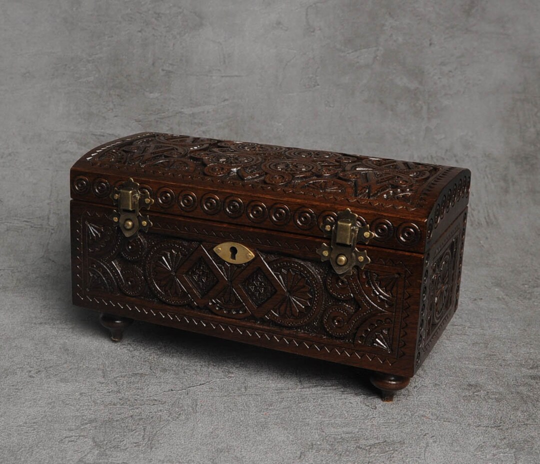 Hand Carved Walnut Wood Jewelry Box With Key - Etsy