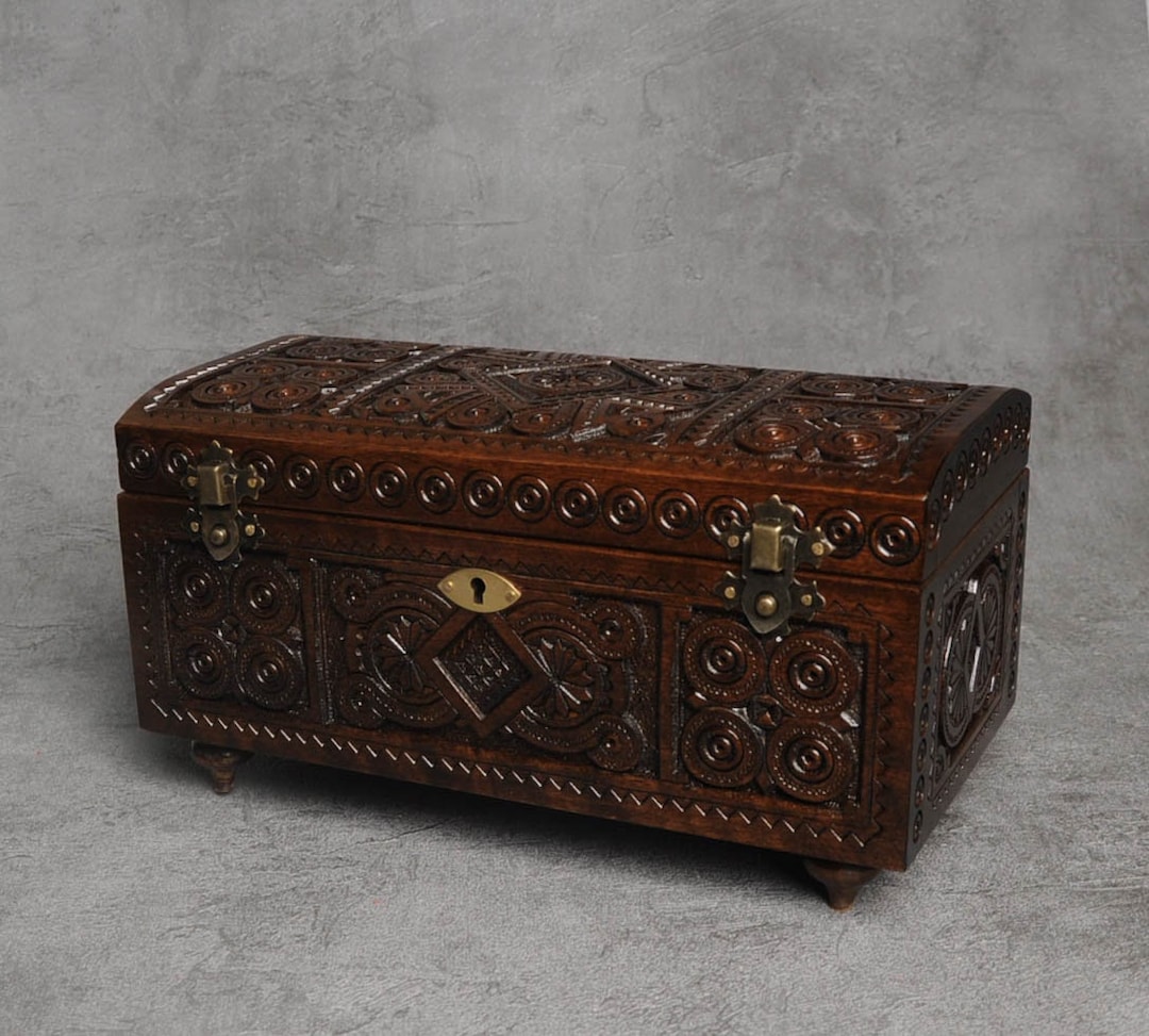 Hand Carved Walnut Wood Jewelry Box With Key - Etsy