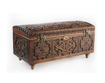 Hand Carved Walnut Wooden Jewelry Box, Ukrainian Coffer