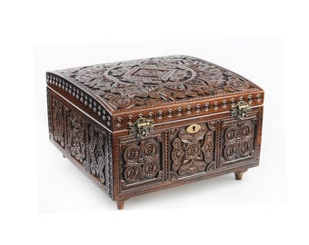 Hand Carved Walnut Jewelry Box, Large Wooden Coffer, Anniversary Gift
