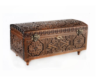 Hand Carved Walnut Wood Jewelry Box, Large Wooden Coffer