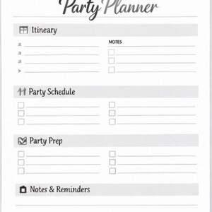 May include: A white party planner page with headings for Itinerary, Party Schedule, Party Prep, and Notes & Reminders. The title "Party Planner" is written in a cursive font at the top. The page includes checkboxes and lines for writing.