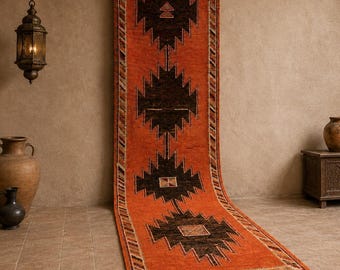 3x13 Vintage türkischer Oushak-Läufer: Gebrannter Orange geometrischer Flurteppich