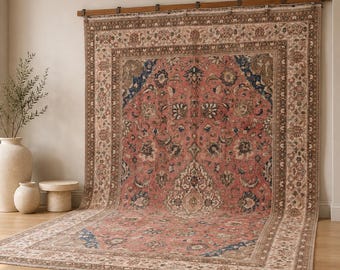 9x13 Vintage Türkischer Oushak-Teppich: Terrakotta-blauer floraler Teppich