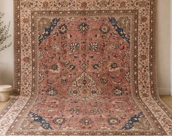 9x13 Vintage Türkischer Oushak-Teppich: Terrakotta-blauer floraler Teppich