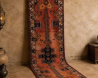 3x10 Vintage Türkischer Oushak Läuferteppich: Terrakotta Geometrischer Stammes-Flurteppich